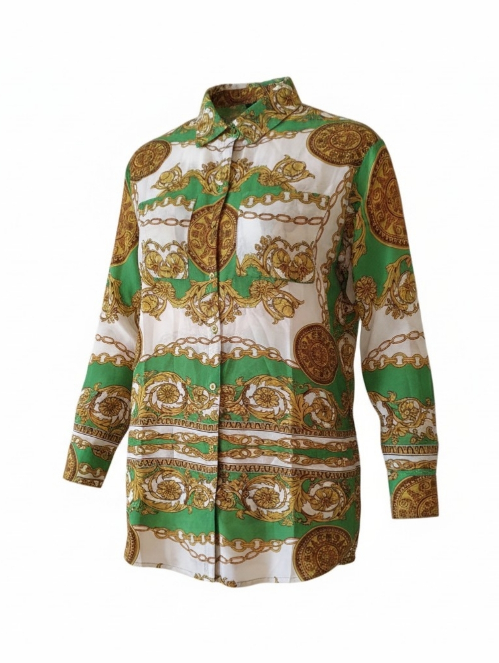 Fashion Nova Crunching The Numbers Green Chain Baroque Printed Button Up Shirt